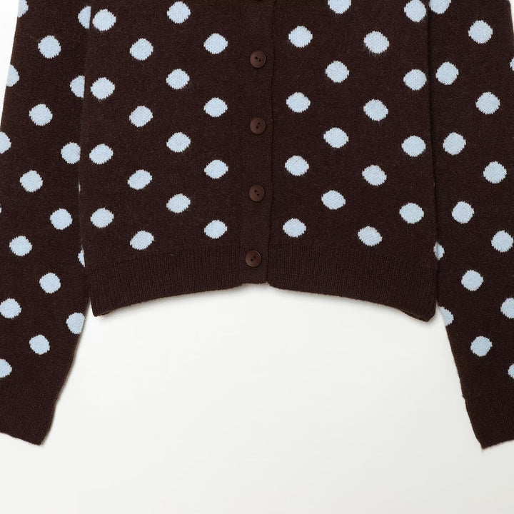 Damen Kurzgeschnittener Gepunkteter Feinstrick-Cardigan mit Rippbündchen und Knopfleiste Drune