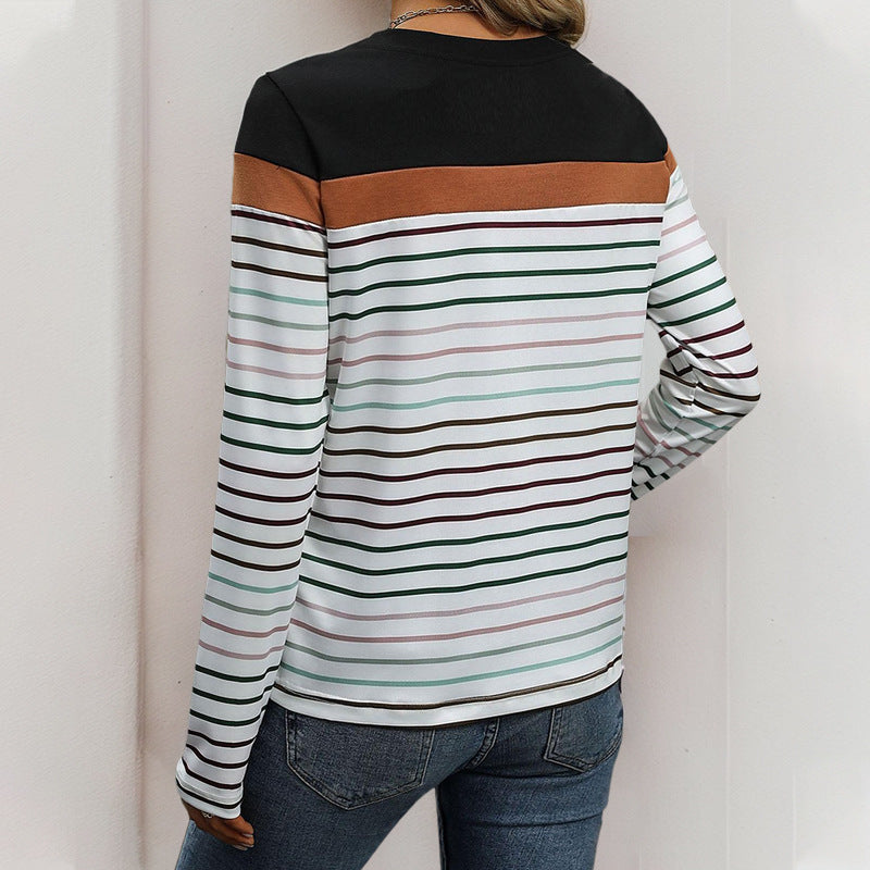 Damen Langärmliges gestreiftes Shirt mit Colorblock‑Schulter und Rundhalsausschnitt Drune