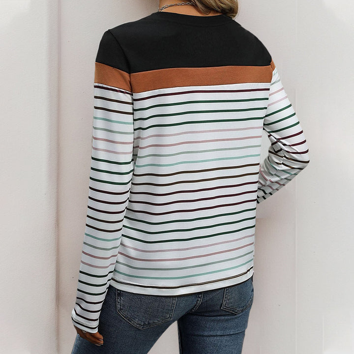 Damen Langärmliges gestreiftes Shirt mit Colorblock‑Schulter und Rundhalsausschnitt Drune