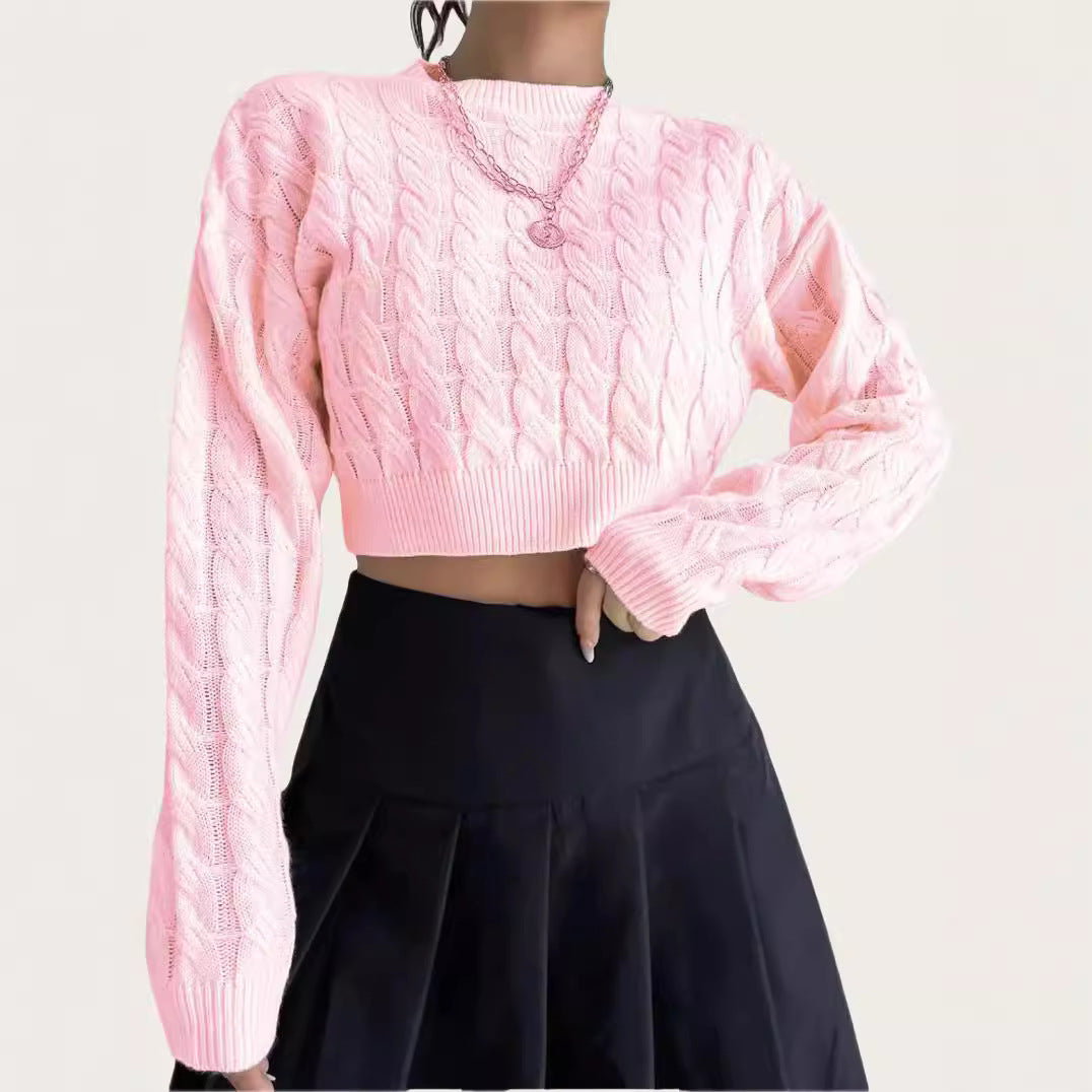 Damen kuscheliger Cropped Pullover mit Zopfmuster Drune