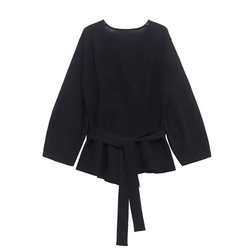 Damen Taillierte Bluse mit Wickelgürtel und Schößchen Drune