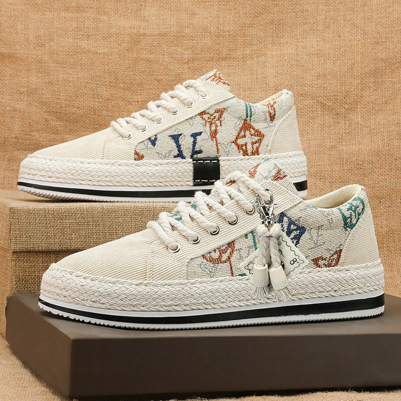 Damen bestickte Canvas‑Sneaker mit Quastenanhänger und geflochtener Plateausohle Drune