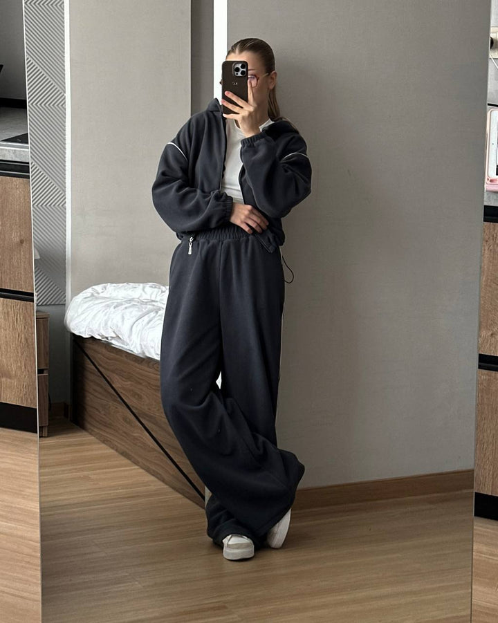 Damen bequemer Fleece-Sportanzug mit hohem Kragen und Reißverschluss Drune