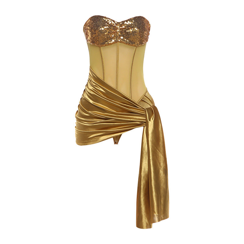 Damen Glamouröses Bustier mit Drapierung und Pailletten Drune