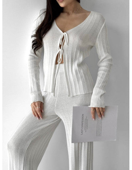 Damen Strickset mit V-Ausschnitt und Kordelzug Drune