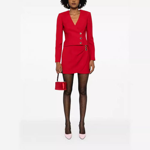 Damen Tailliertes Blazerkleid-Set mit V‑Ausschnitt und asymmetrischer Ösenverzierung Drune