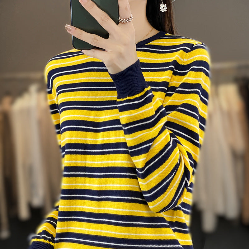 Damen Lässiger Ringel-Feinstrickpullover mit Boxy‑Silhouette und kontrastierenden Rippbündchen Drune