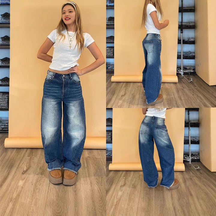 Damen nan weite Baggy-Jeans mit tiefer Schrittnaht, markanten Knieabnähern und verstärktem Five‑Pocket‑Schnitt Drune
