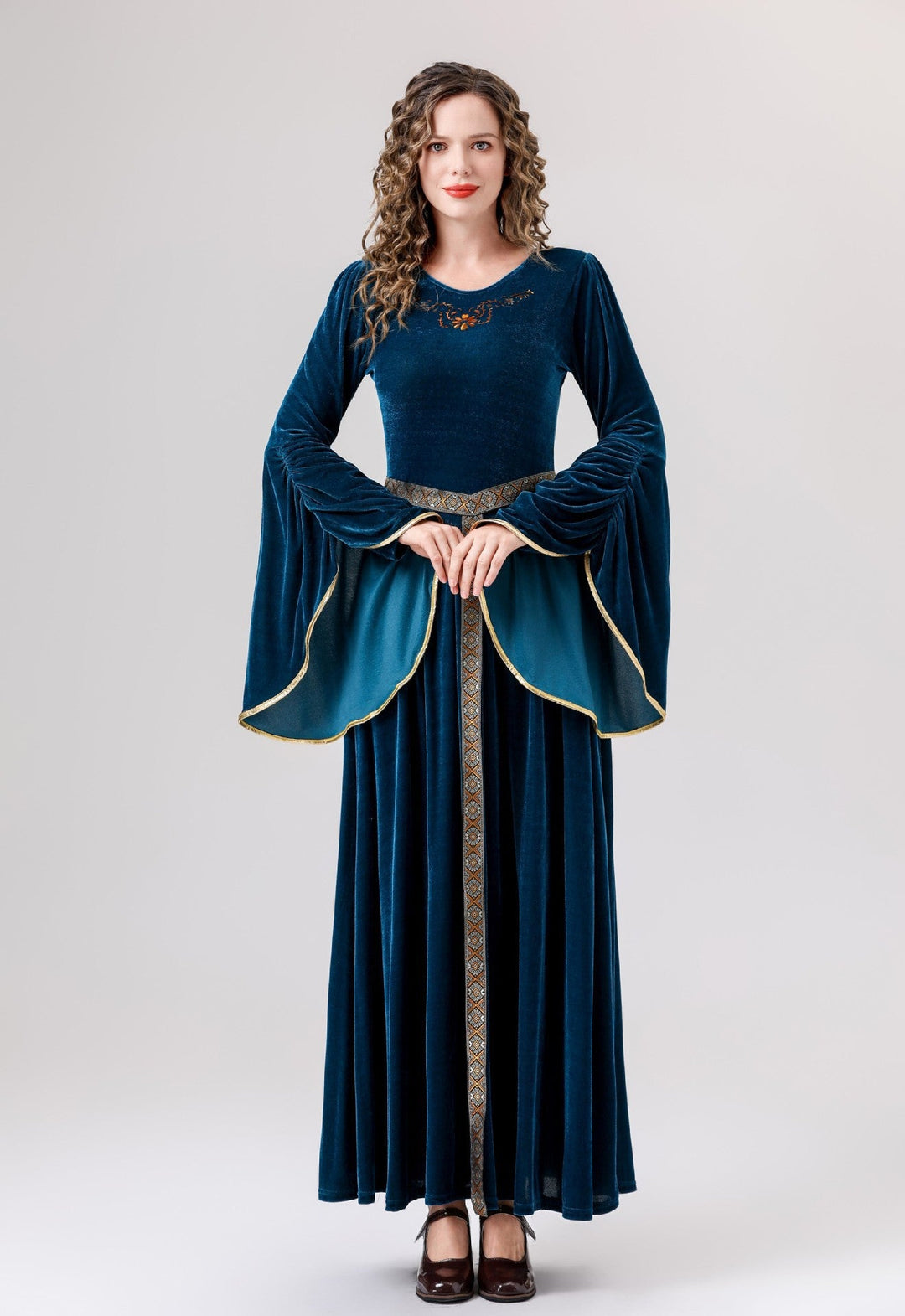 Damen elegantes Samtkleid mit Weitem Ärmel und Ziergürtel Drune
