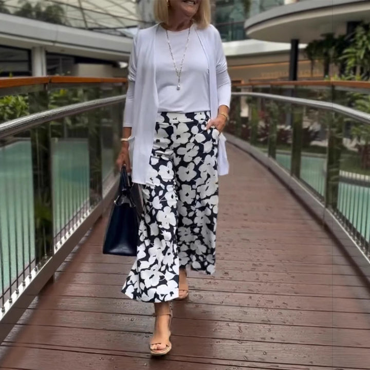 Damen nan weite Palazzohose mit großblumigem Print, hohem Bund und Eingrifftaschen Drune