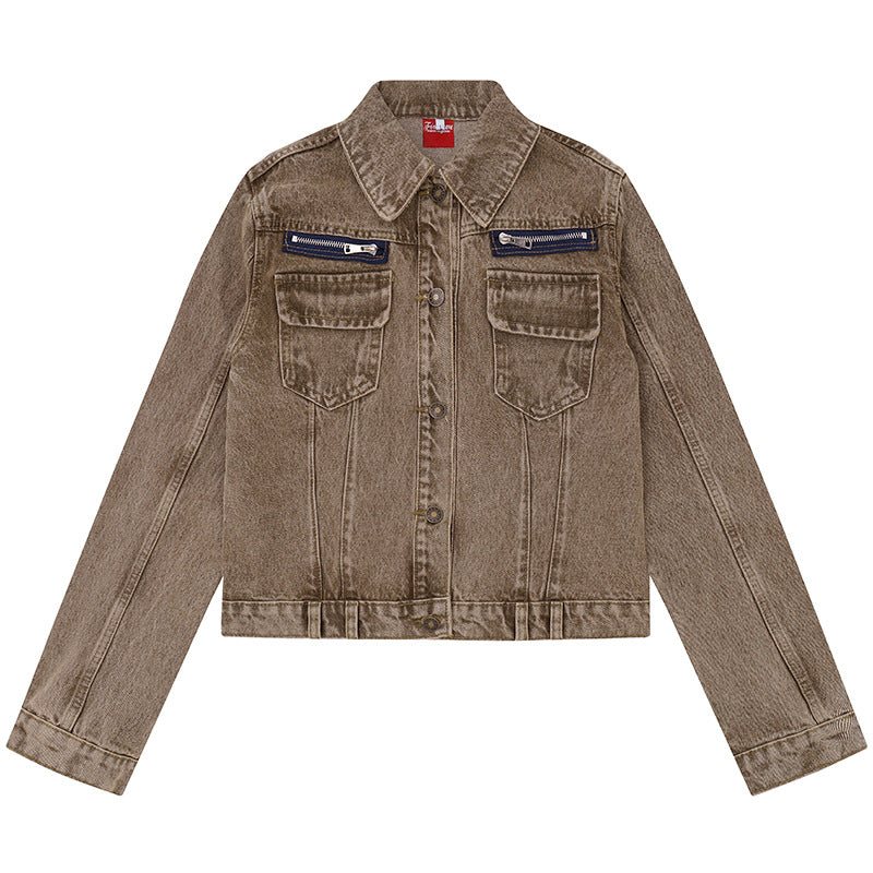 Damen kurze Vintage-Denimjacke mit Brusttaschen, Reißverschluss-Detail und Knopfleiste Drune