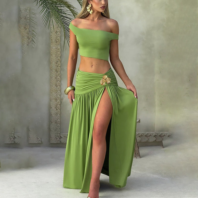 Damen Elegantes Off-Shoulder Maxikleid mit seitlichem Schlitz und raffiniertem Bund Drune