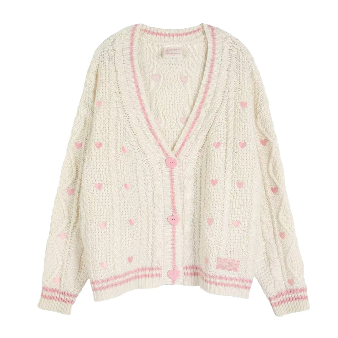 Damen nan grob gestrickter V-Ausschnitt-Cardigan mit Herzapplikationen und dekorativen Herzknöpfen Drune