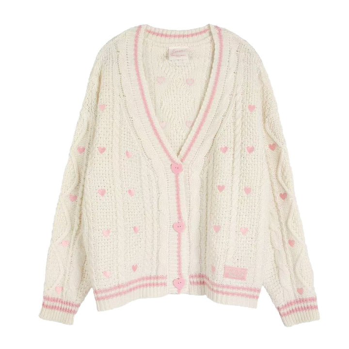 Damen nan grob gestrickter V-Ausschnitt-Cardigan mit Herzapplikationen und dekorativen Herzknöpfen Drune