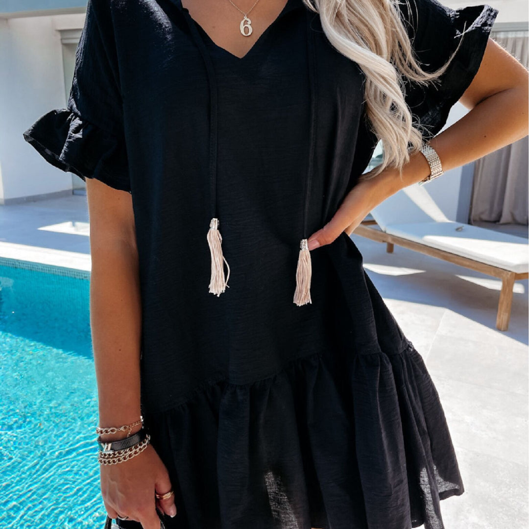 Damen lässiges V-Ausschnitt Sommerkleid mit Rüschendetails und kurzer Ärmel Drune