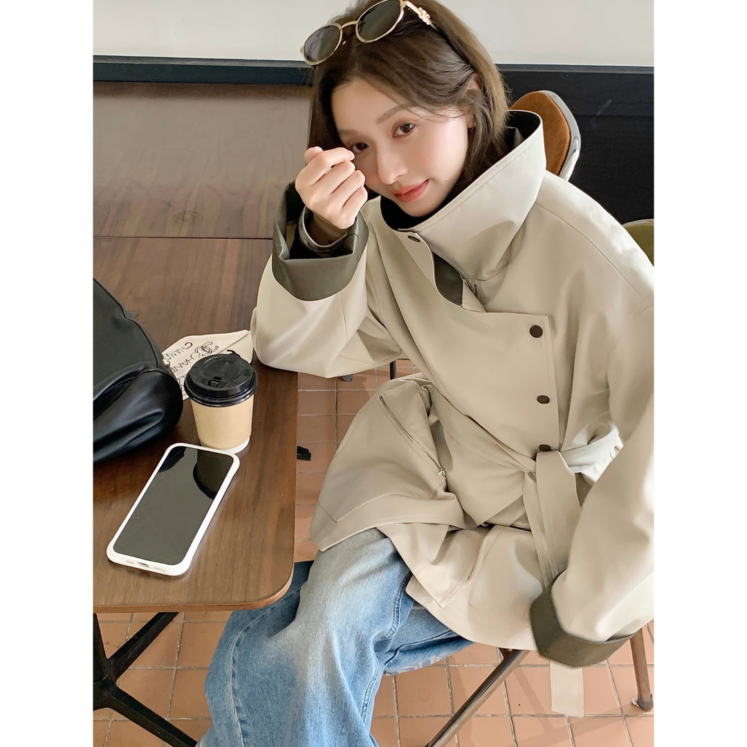 Damen Oversized Trenchcoat mit kontrastierenden Lederbesätzen und Reißverschluss Drune