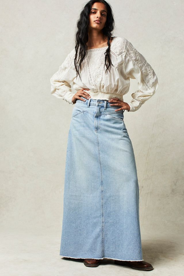 Damen Langer Denim-Rock mit hoher Taille und Taschen