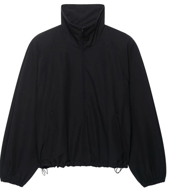 Damen Leichte Oversize-Windjacke im Bomberstil mit hohem Stehkragen und Kordelzug Drune