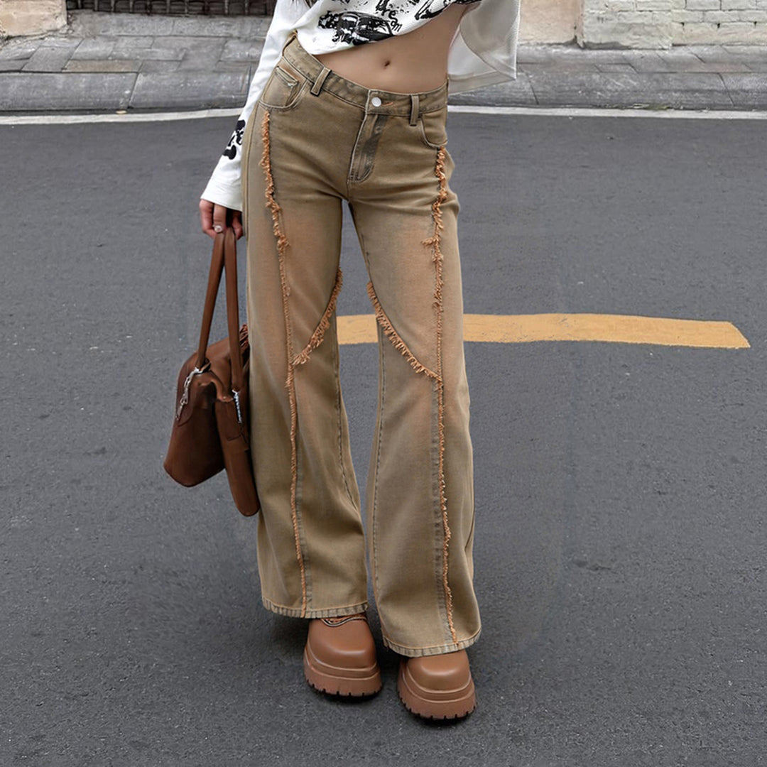 Damen nan hochgeschnittene Wide‑Leg Jeans mit offenen Saumnähten, diagonalem Fransenbesatz und Relaxed Fit Drune