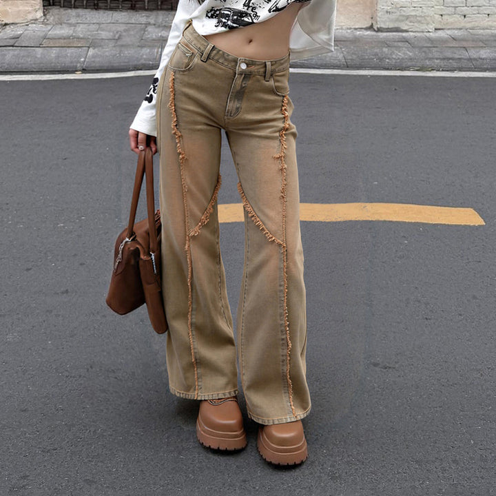 Damen nan hochgeschnittene Wide‑Leg Jeans mit offenen Saumnähten, diagonalem Fransenbesatz und Relaxed Fit Drune