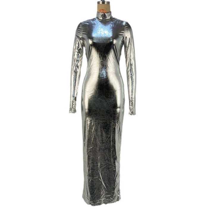 Damen Glänzendes Langarm-Maxi-Kleid mit hohem Kragen und figurbetontem Design Drune