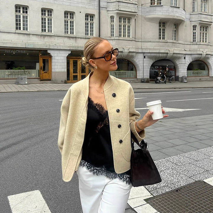 Damen lässige Wolljacke mit Knopfdetails und voluminösen Ärmeln Drune