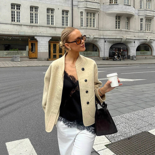 Damen lässige Wolljacke mit Knopfdetails und voluminösen Ärmeln Drune