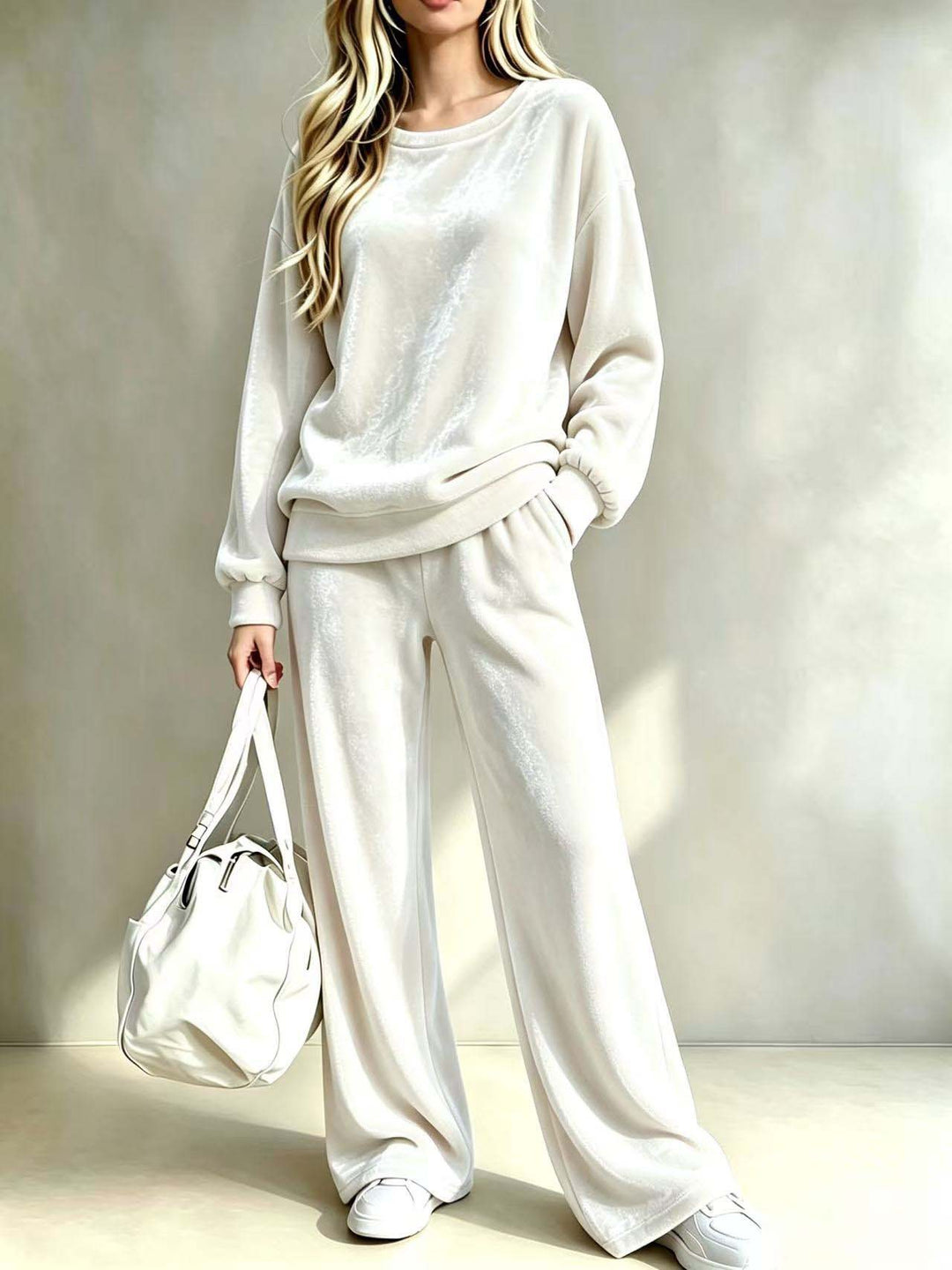 Damen Weiches Velours-Loungewear-Set mit weitem Bein und Rundhalsausschnitt Drune