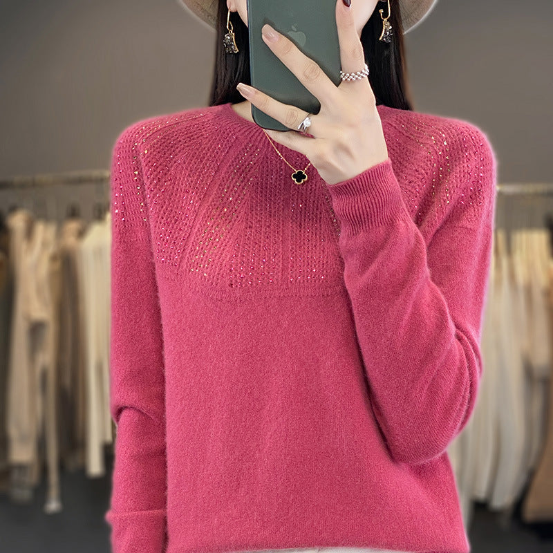 Damen Weicher Kaschmir‑Optik Feinstrickpullover mit Ajour‑Yoke und Paillettenbesatz Drune