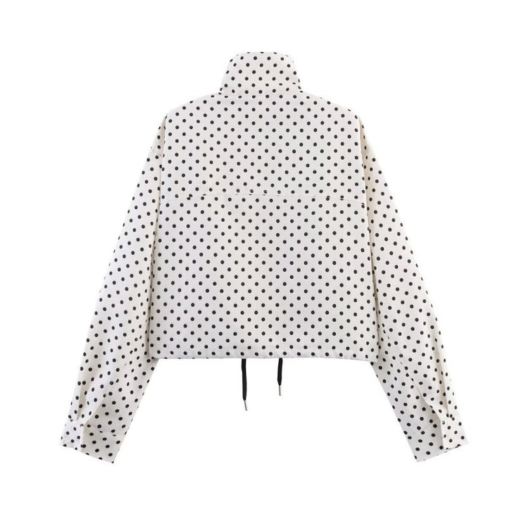 Damen Gekürzte gesteppte Jacke mit Polka‑Dot‑Print, Stehkragen und Tunnelzug Drune