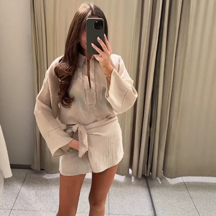 Damen Leichtes Crinkle-Zweiteiler mit Oversized-Hemd und Wickel-Minirock Drune