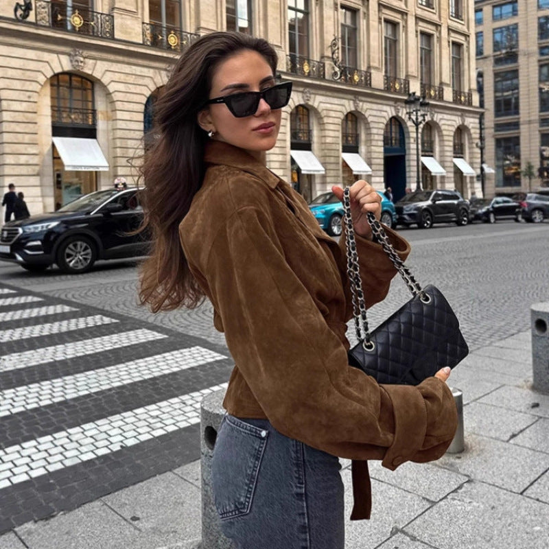 Damen Modische Wildlederjacke mit Gürtel und tailliertem Schnitt Drune
