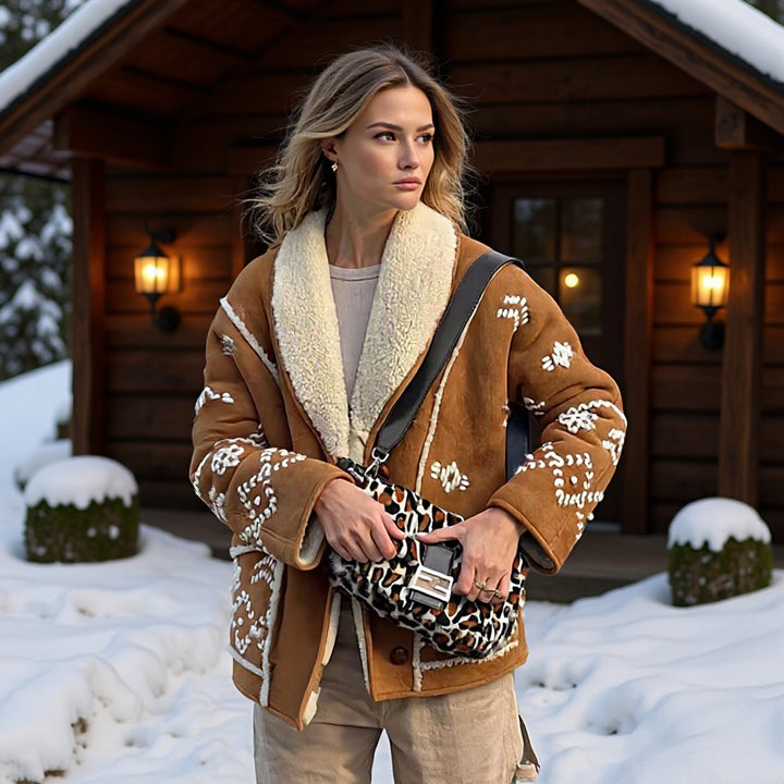 Damen Kurze Velourslederjacke mit Teddyfutter und Zierstickerei Drune