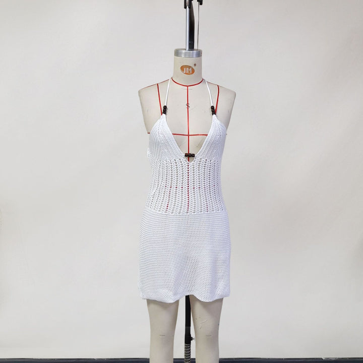 Damen gehäkeltes Strandkleid mit tiefem V-Ausschnitt und herausragenden Details Drune