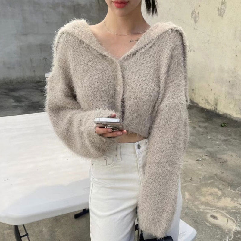 Damen Kurzstrickjacke mit weichem, luftigem Material und Kapuze Drune