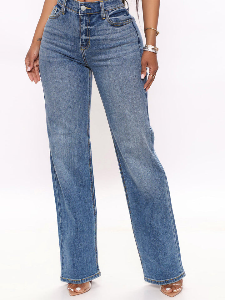 Damen Hochtaillierte Gerade‑Bein-Jeans im Retro‑Stil mit weitem Saum und Fünf‑Taschen‑Design Drune