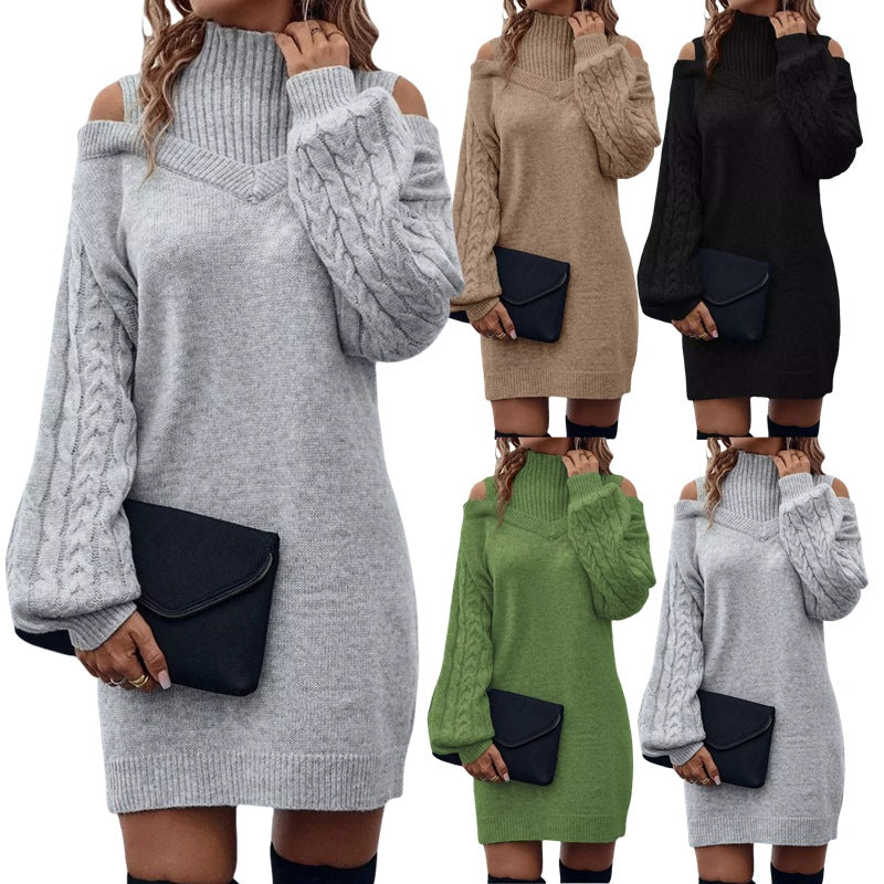 Damen Strickkleid mit hochgeschlossenem Kragen und offener Schulterpartie Drune