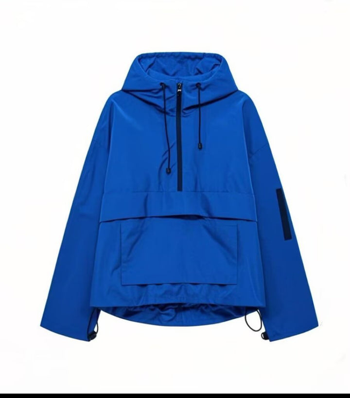 Damen Oversize Windbreaker-Anorak mit Kapuze, Halb-Reißverschluss und Kängurutasche Drune