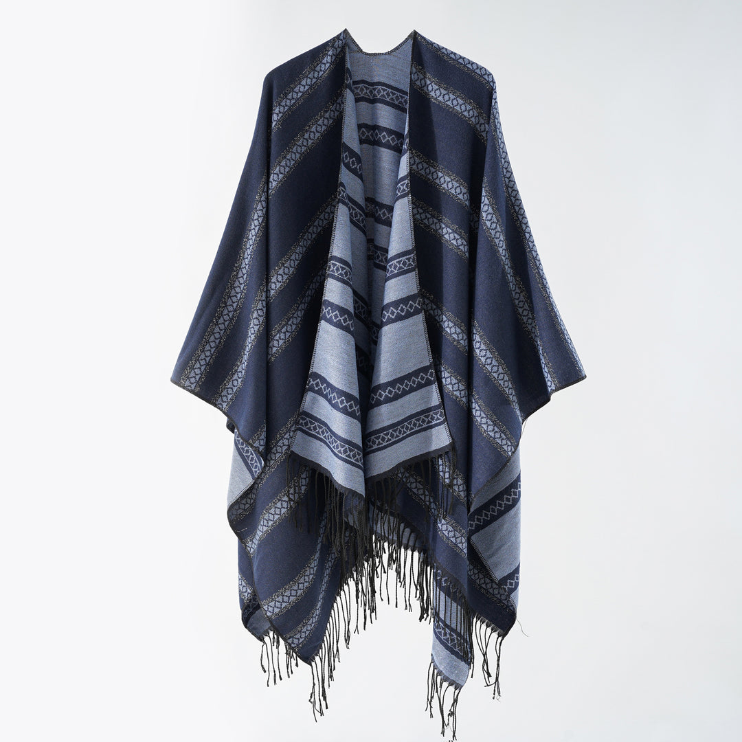 Damen Langer Webponcho im Cape-Stil mit Streifen-Jacquard und Fransen Drune