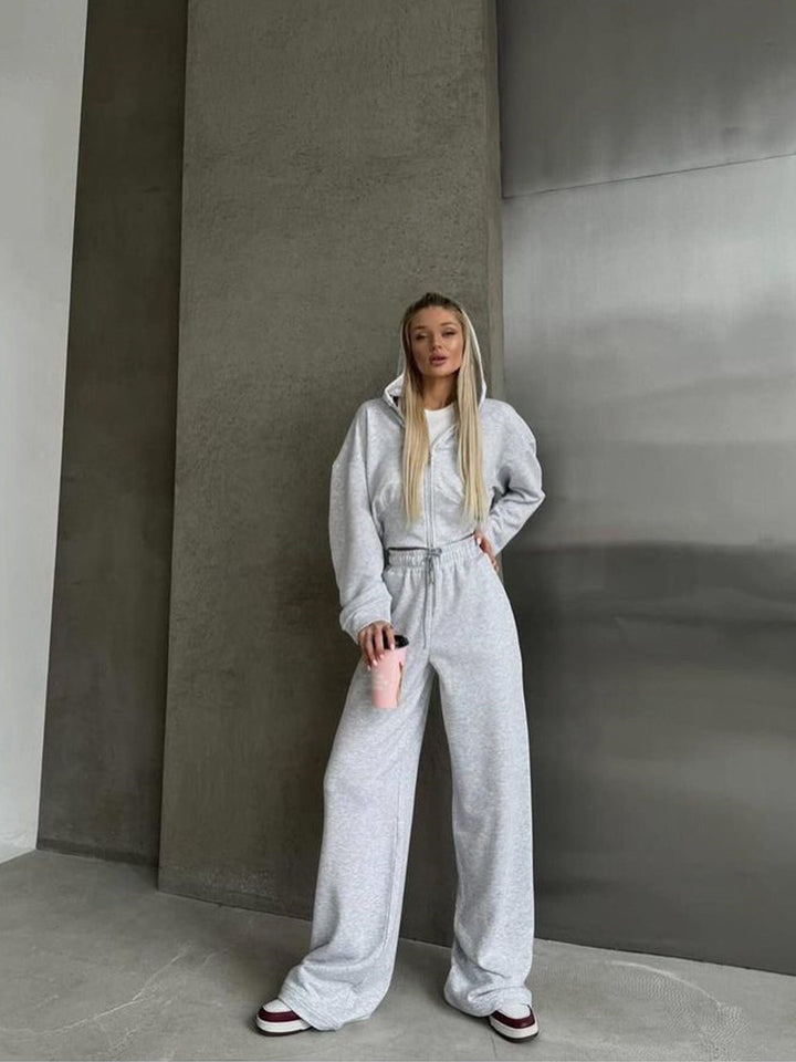 Damen kurzes Reißverschluss-Cropped-Hoodie mit hoher Bund Palazzo-Jogginghose Set Drune