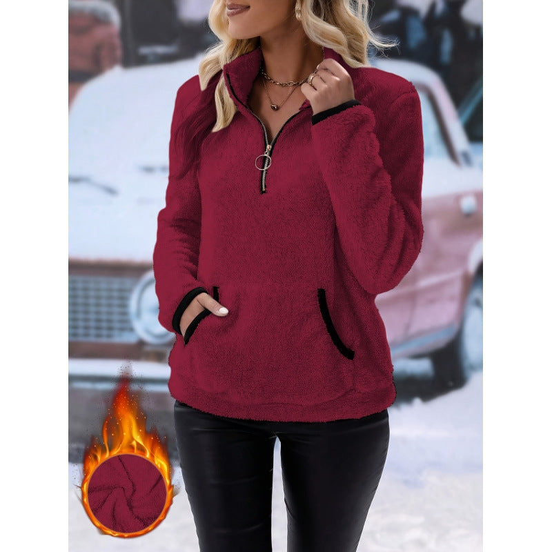 Damen Weicher Teddy-Pullover im lässigen Look mit halben Reißverschluss Drune