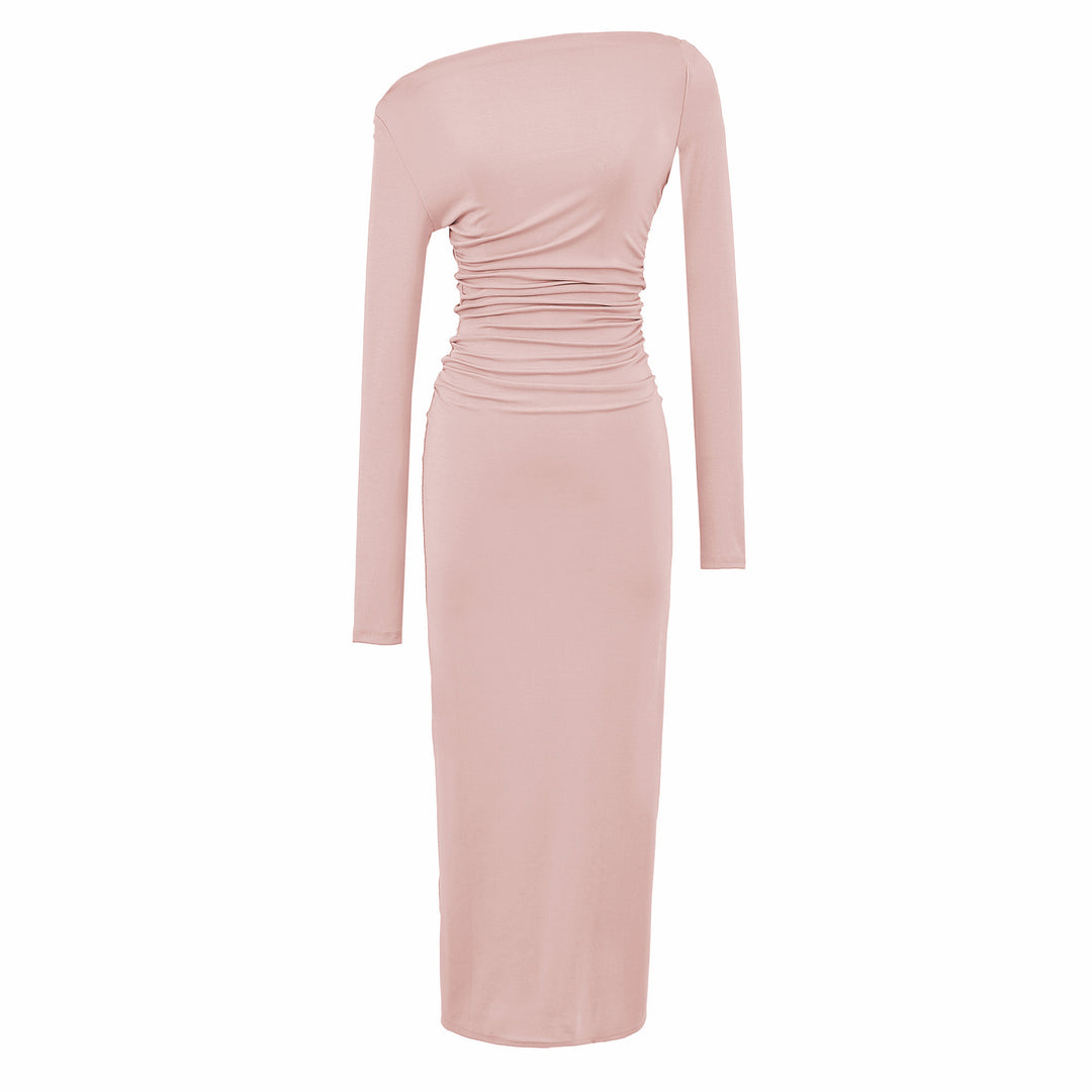 Damen Einschulter-Midikleid mit Langarm und seitlicher Raffung Drune