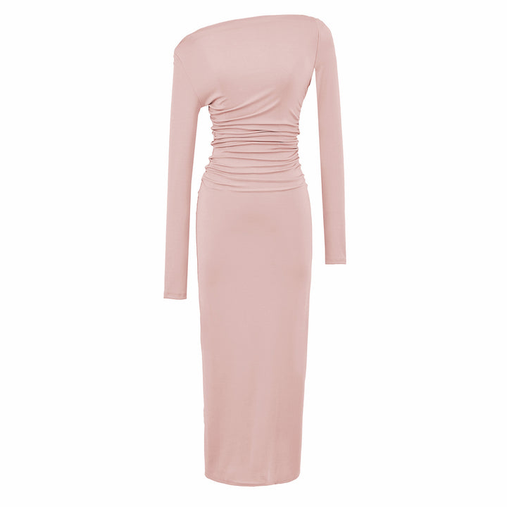 Damen Einschulter-Midikleid mit Langarm und seitlicher Raffung Drune