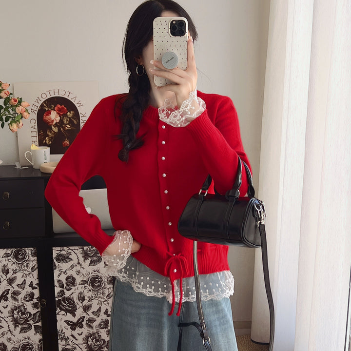 Damen Strickjacke mit Spitzenabschluss und Knopfdetails Drune