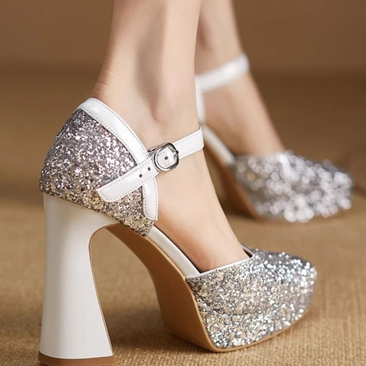 Damen Glitzernde Plateau-Pumps mit elegantem Riemchen Drune