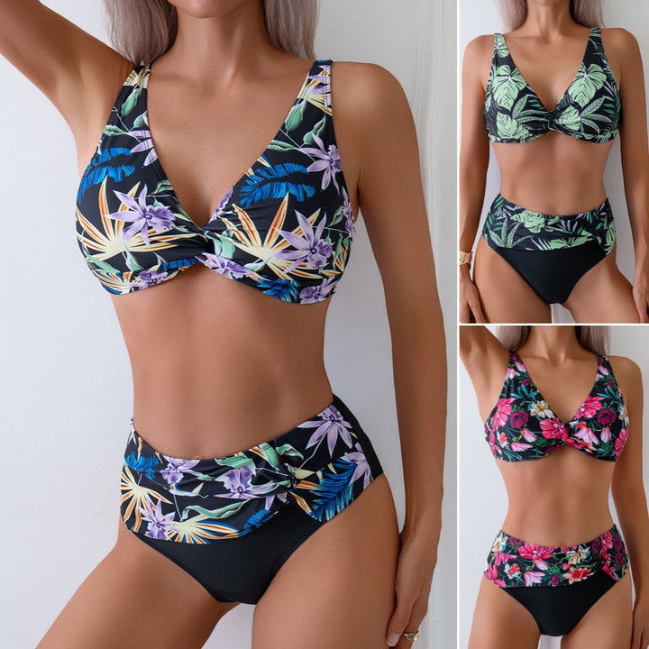 Damen Hochtailliertes Bikini-Set mit modischem Floral-Muster Drune