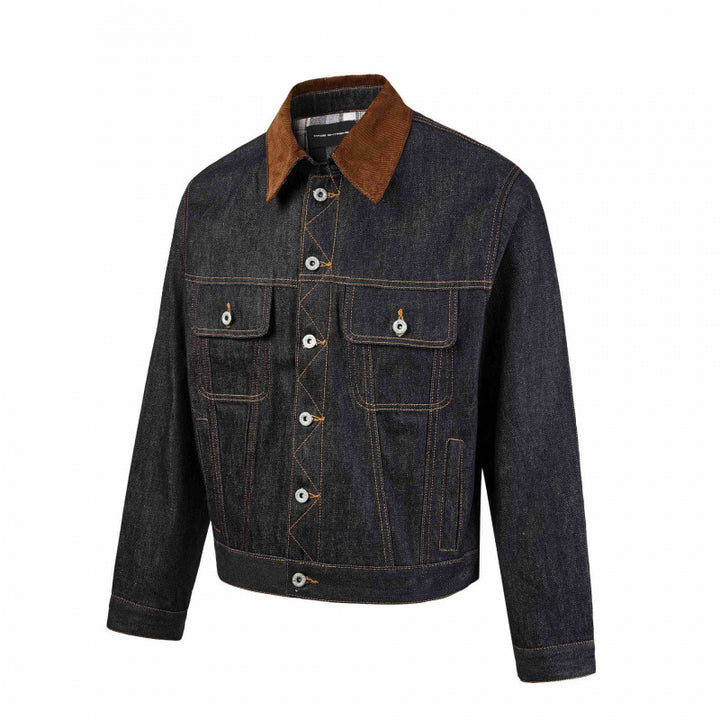 Herren Boxy Denim-Jacke mit Cordkragen und kariertem Futter Drune