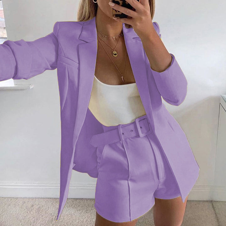 Damen Zweiteiliges maßgeschneidertes Blazer‑Set mit hochtaillierten Shorts und Gürtel Drune