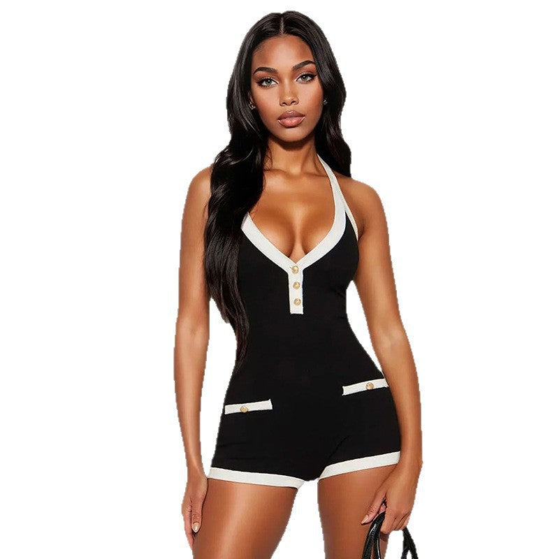 Damen Modischer Overall mit tiefem V-Ausschnitt und Knopfdetails Drune