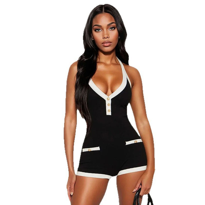 Damen Modischer Overall mit tiefem V-Ausschnitt und Knopfdetails Drune